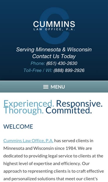 Responsive Mobile Attorney Website for Cummins Law Office, P.A.