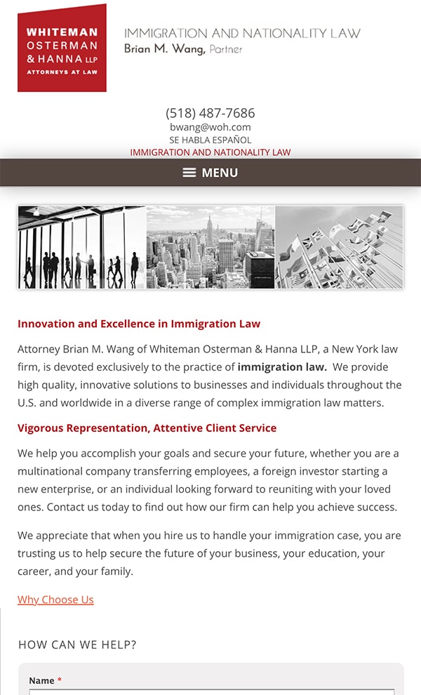Mobile Friendly Law Firm Webiste for Brian M. Wang | Whiteman Osterman & Hanna LLP