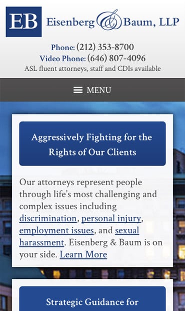 Responsive Mobile Attorney Website for Eisenberg & Baum, LLP