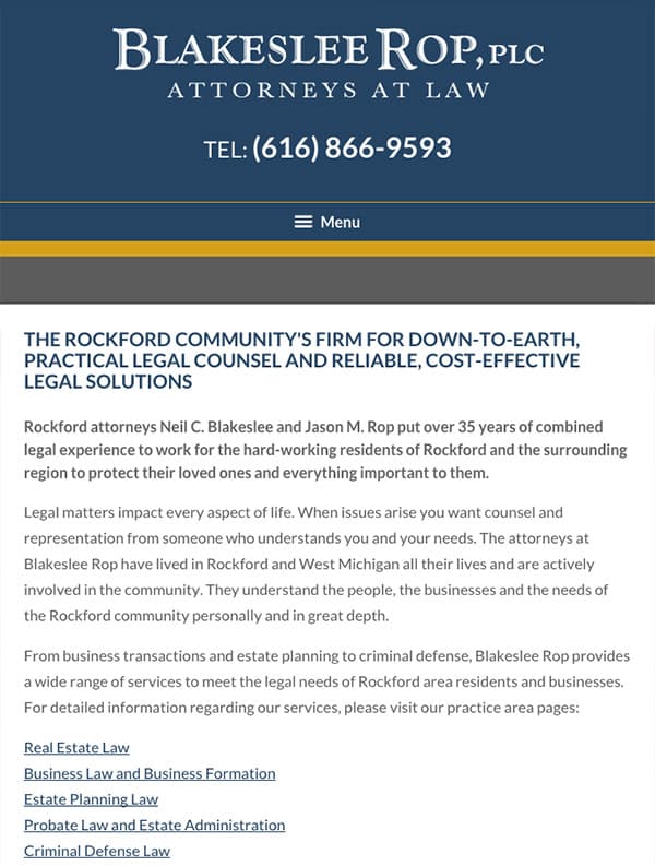Mobile Friendly Law Firm Webiste for Blakeslee Rop, PLC