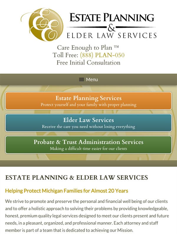 Mobile Friendly Law Firm Webiste for Estate Planning & Elder Law Services, P.C.