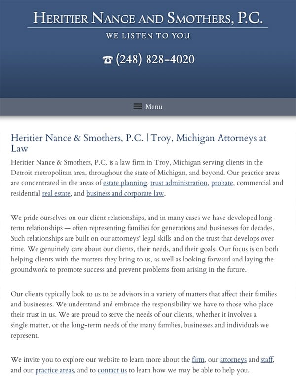 Mobile Friendly Law Firm Webiste for Heritier Nance and Smothers, P.C.