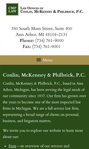 Responsive Mobile Attorney Website for Law Offices of Conlin, McKenney & Philbrick, P.C.