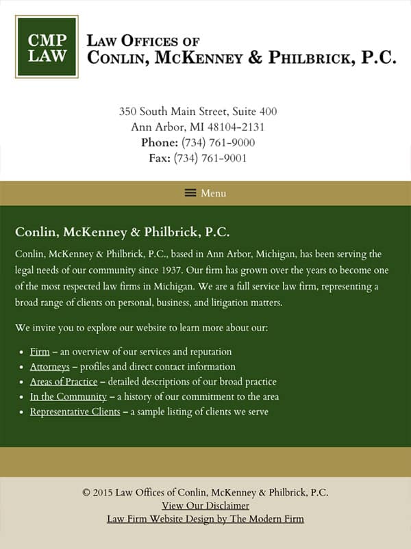 Mobile Friendly Law Firm Webiste for Law Offices of Conlin, McKenney & Philbrick, P.C.