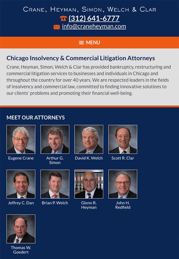 Mobile Friendly Law Firm Webiste for Crane, Heyman, Simon, Welch & Clar
