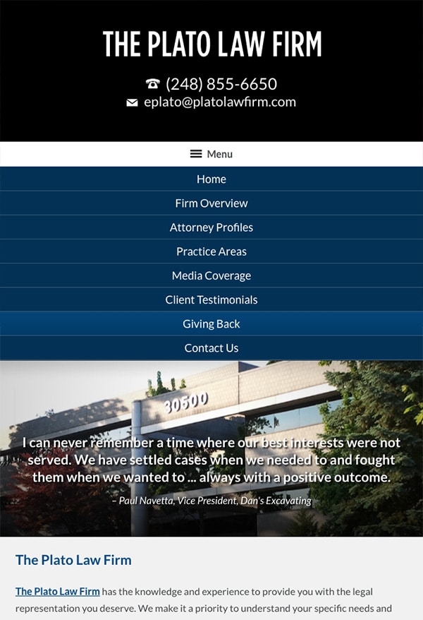 Mobile Friendly Law Firm Webiste for The Plato Law Firm