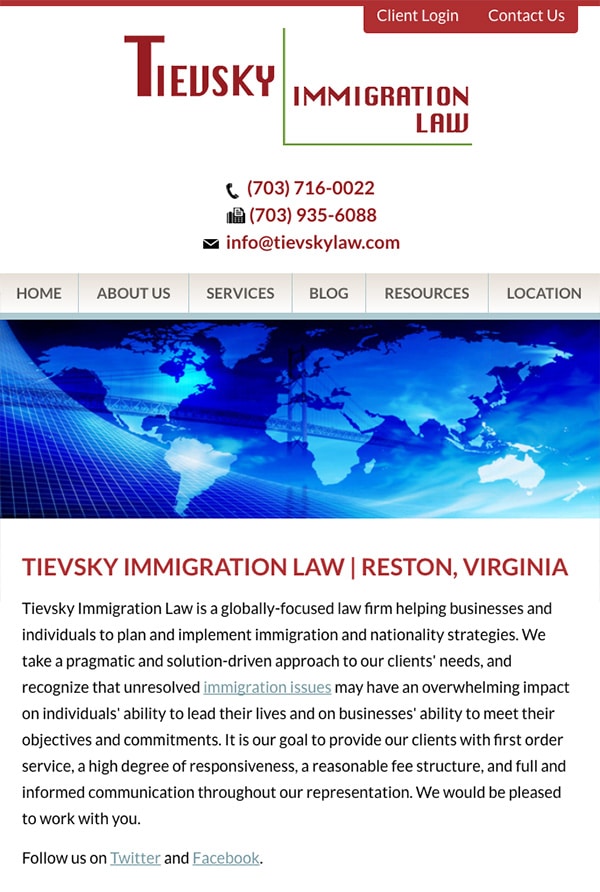 Mobile Friendly Law Firm Webiste for Tievsky Immigration Law
