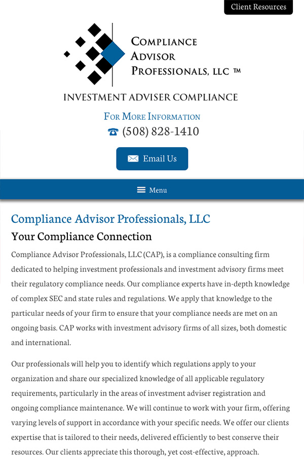 Mobile Friendly Law Firm Webiste for Compliance Advisor Professionals LLC