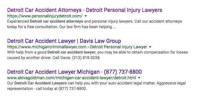 SERP for Detroit Car Accident Attorneys