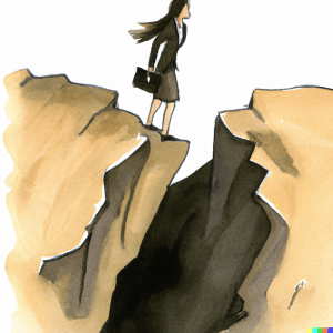 DALL·E 2023-03-07 14.39.49 - a watercolor sketch of a female lawyer cautiously approaching a chasm