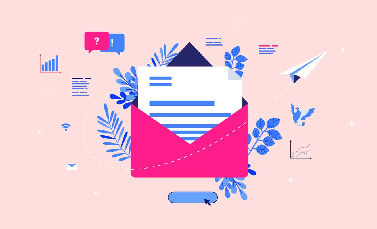 Open mail envelope with communication and statistics around. Paper plane flying away as a symbol of sending mail. Vector.