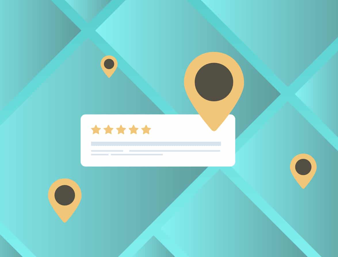 Review management with customer reviews, local ratings and business visibility. Location reputation, customer feedback and review monitoring vector illustration.