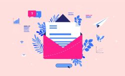 Open mail envelope with communication and statistics around. Paper plane flying away as a symbol of sending mail. Vector.